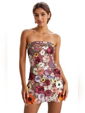 New! 3D Flower Applique Bright Fun Dress Strapless Bodycon Party Event, Date, 10